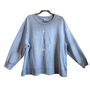 Jane + Delancey Womens 1X Light Blue Celestial Sun Moon Embroidered Sweatshirt
